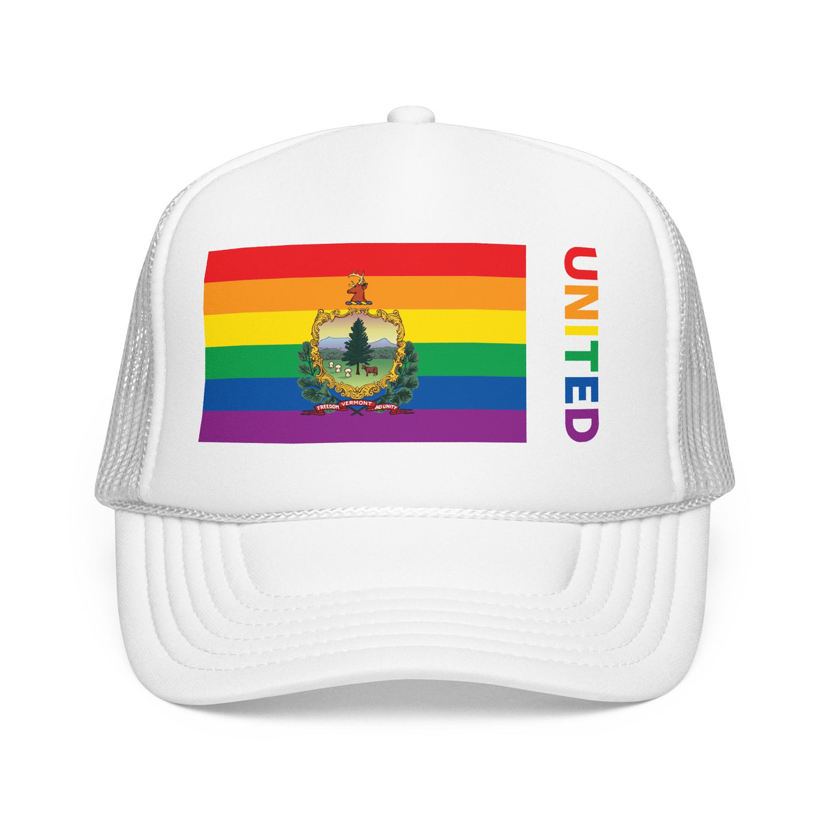 Vermont Rainbow Pride Flag "UNITED" Printed Foam Trucker Hat, Several Color Options
