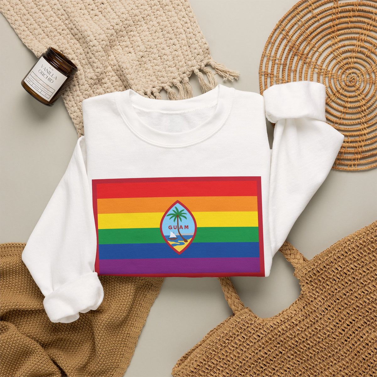 Guam Rainbow Pride Flag Unisex Crewneck Sweatshirt, White, Black or Light Pink