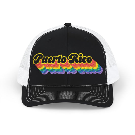 Puerto Rico Retro Rainbow Stack Embroidered Trucker, Snapback Trucker Cap, Black front with White mesh in back