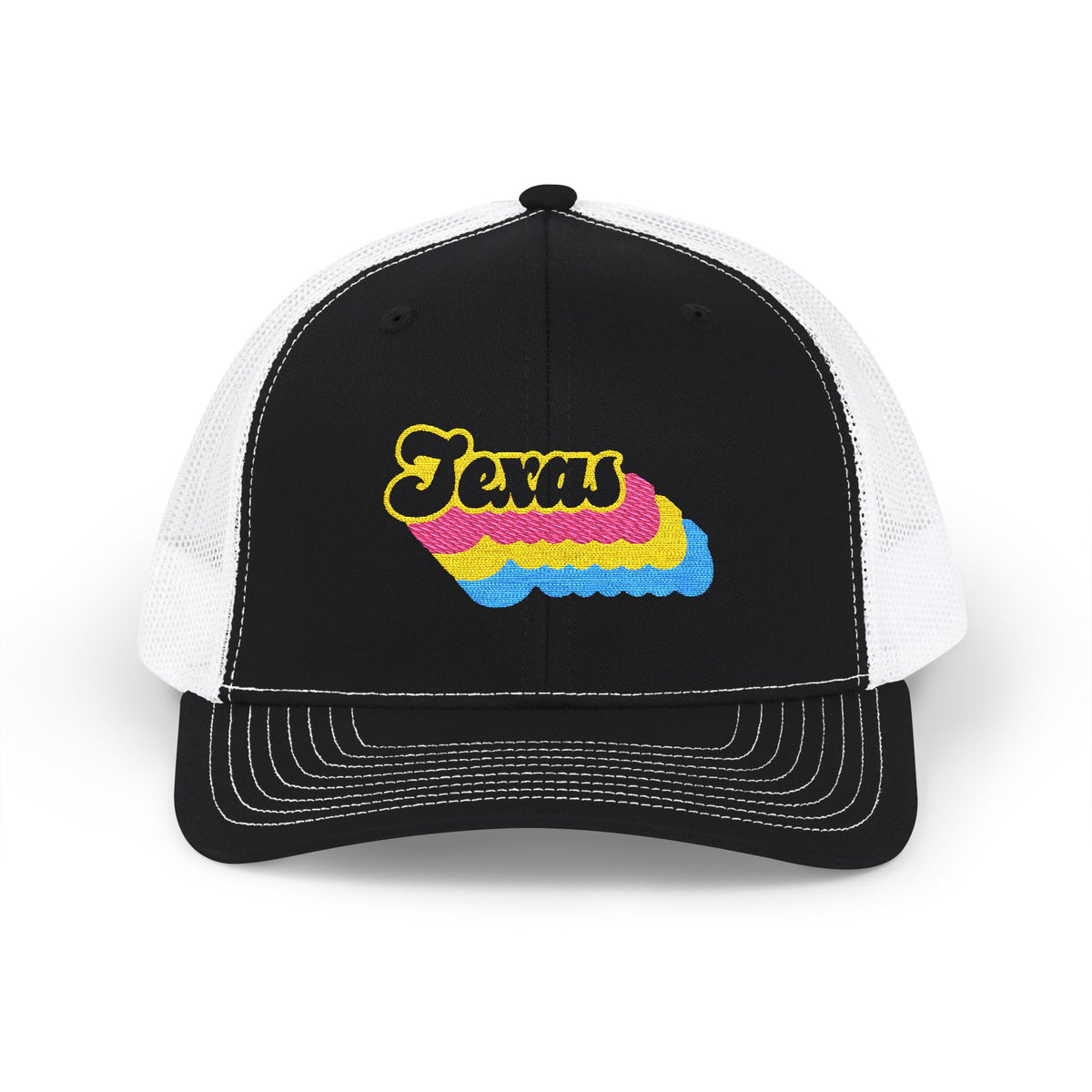 Texas Pansexual Pride Stack Embroidered Trucker, Snapback Trucker Cap, Black front with White mesh in back