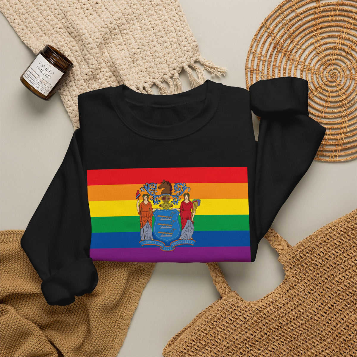 New Jersey Rainbow Pride Flag Unisex Crewneck Sweatshirt, White, Black or Light Pink