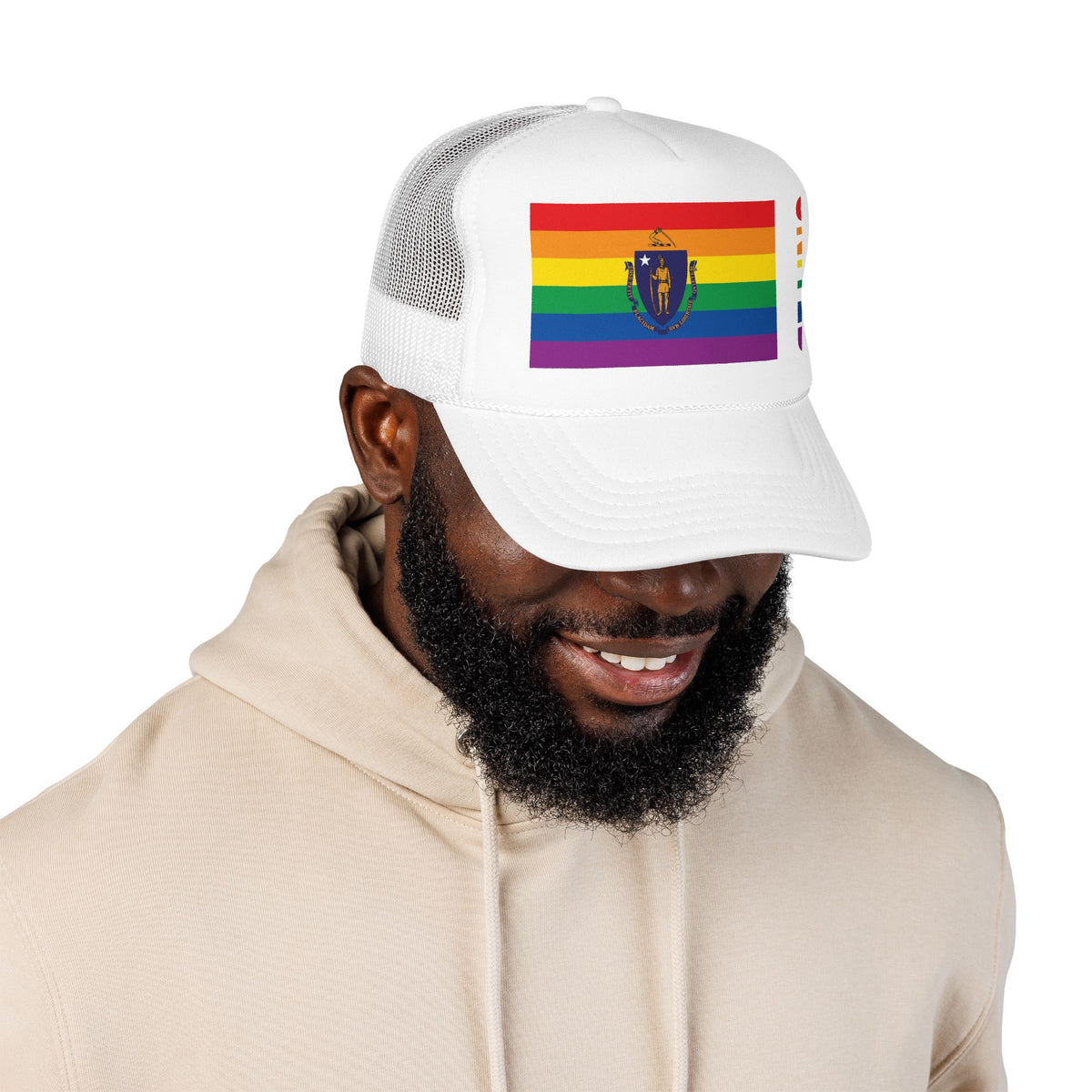 Massachusetts Rainbow Pride Flag "UNITED" Printed Foam Trucker Hat, Several Color Options