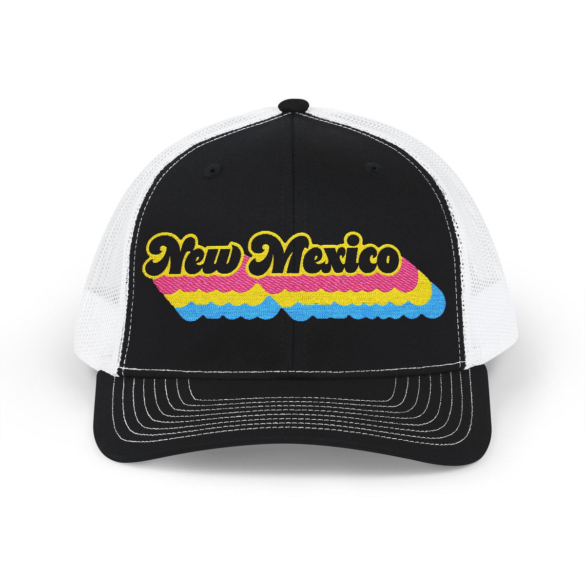 New Mexico Pansexual Pride Stack Embroidered Trucker, Snapback Trucker Cap, Black front with White mesh in back