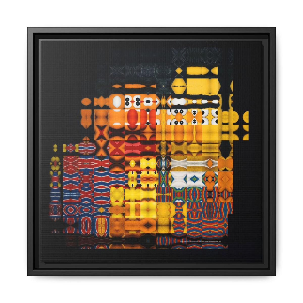 Iconic Domestic Partners in Plain Sight: Bert, Ernie, and Rubber Ducky Abstract Portrait Collage Art, Matte Canvas, Framed (Multi-color options)
