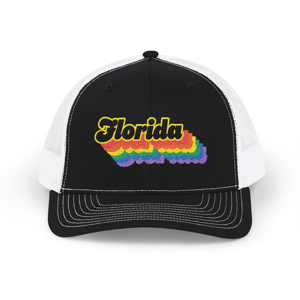 Florida Retro Rainbow Stack Embroidered Trucker, Snapback Trucker Cap, Black front with White mesh in back