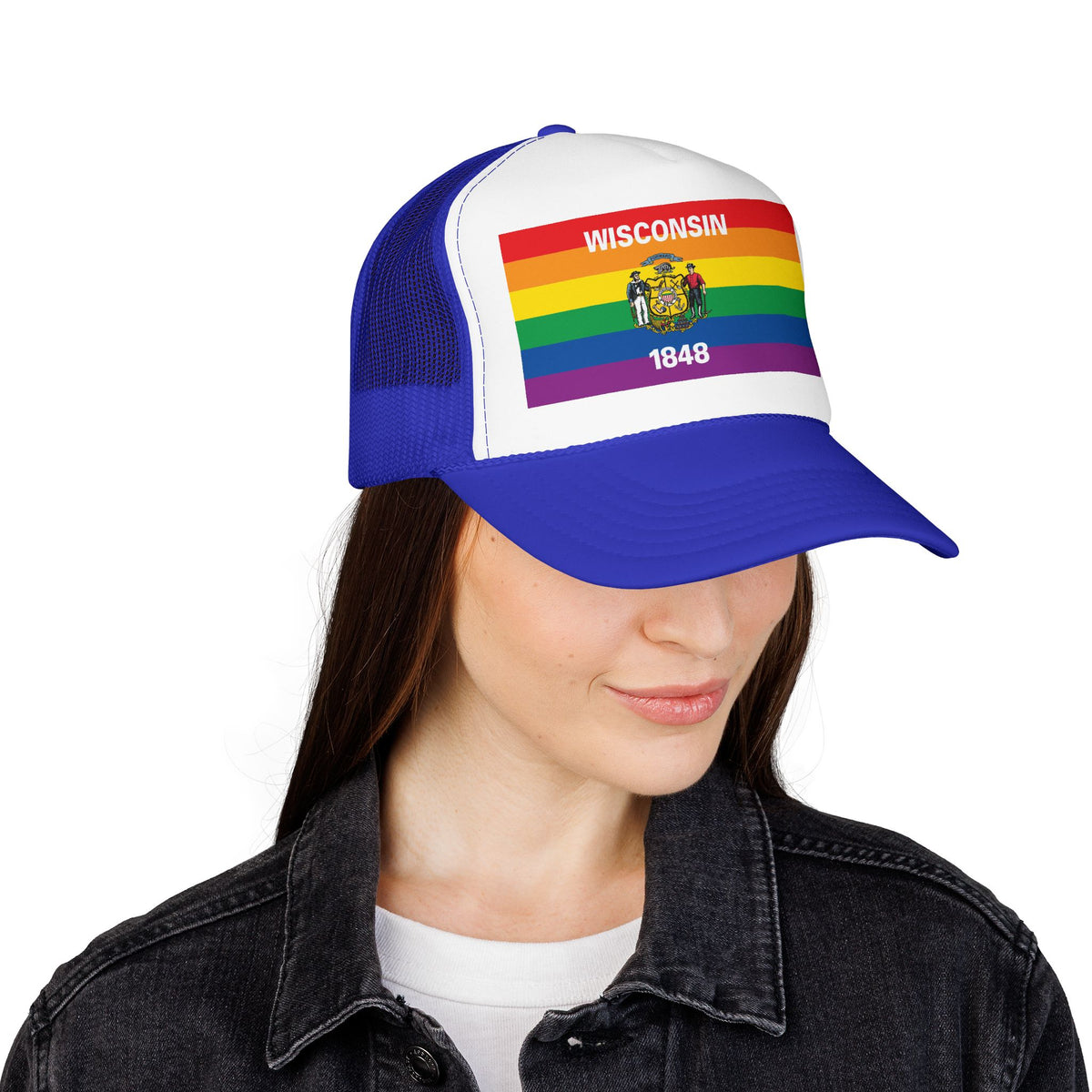 Wisconsin Rainbow Pride Flag "UNITED" Printed Foam Trucker Hat, Several Color Options