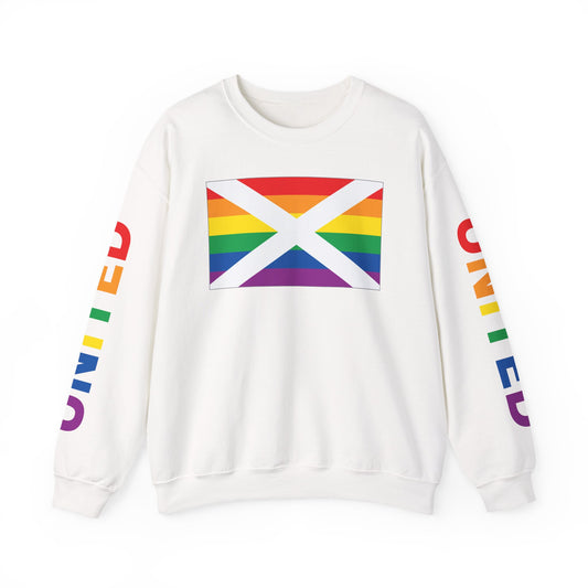 Alabama Rainbow Pride Flag, "UNITED" Rainbow Printed Sleeve Design, Unisex Crewneck Sweatshirt, White, Black or Light Pink