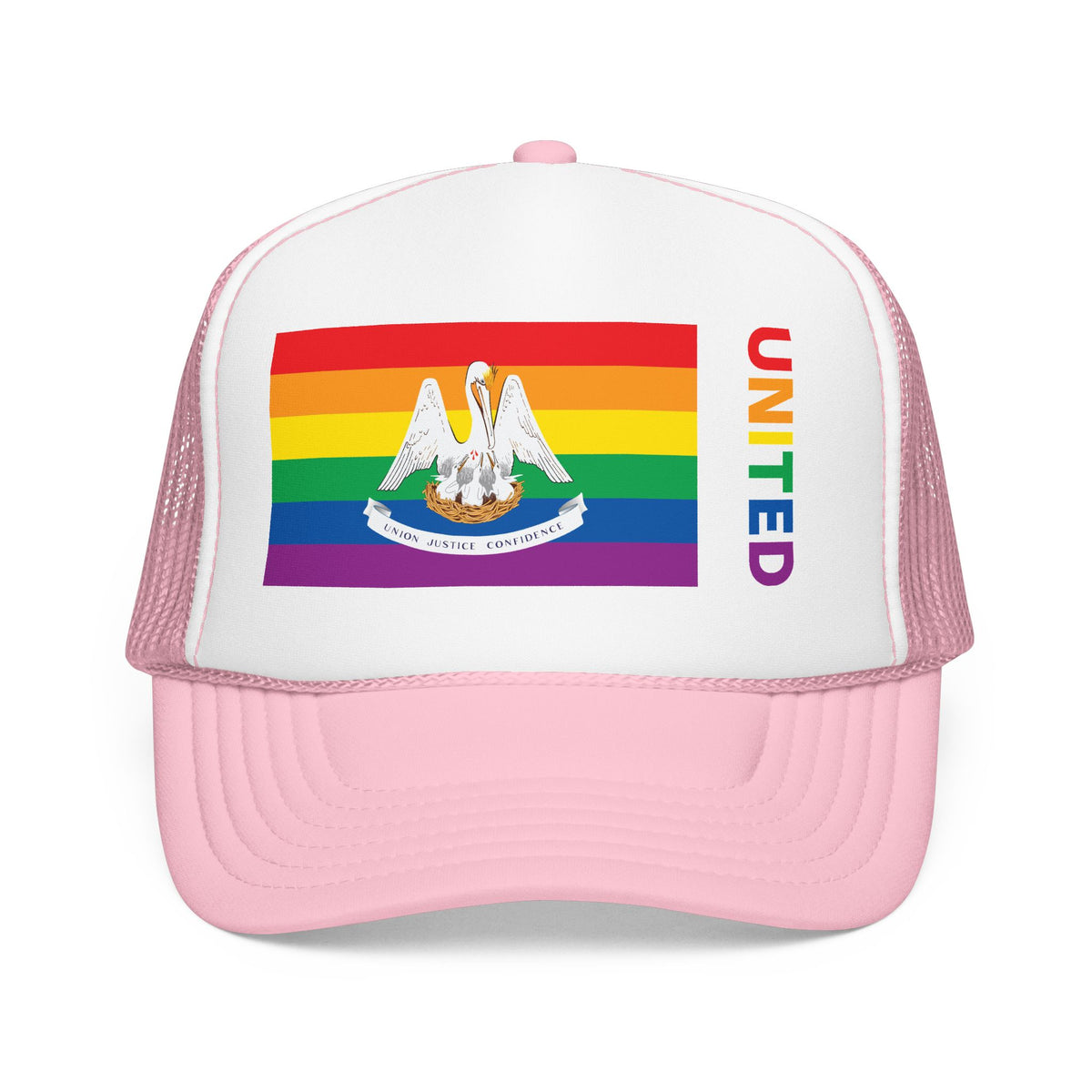Louisiana Rainbow Pride Flag "UNITED" Printed Foam Trucker Hat, Several Color Options