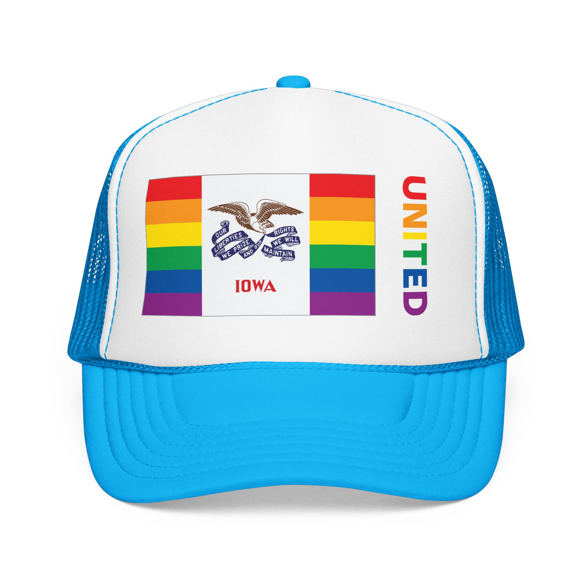 Iowa Rainbow Pride Flag "UNITED" Printed Foam Trucker Hat, Several Color Options