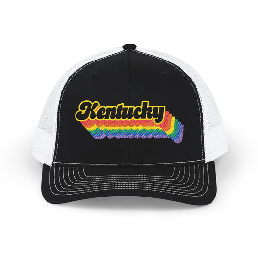 Kentucky Retro Rainbow Stack Embroidered Trucker, Snapback Trucker Cap, Black front with White mesh in back