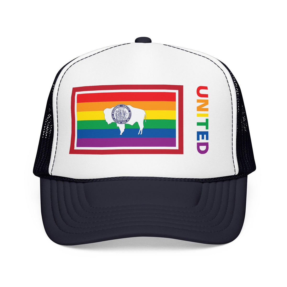 Wyoming Rainbow Pride Flag "UNITED" Printed Foam Trucker Hat, Several Color Options