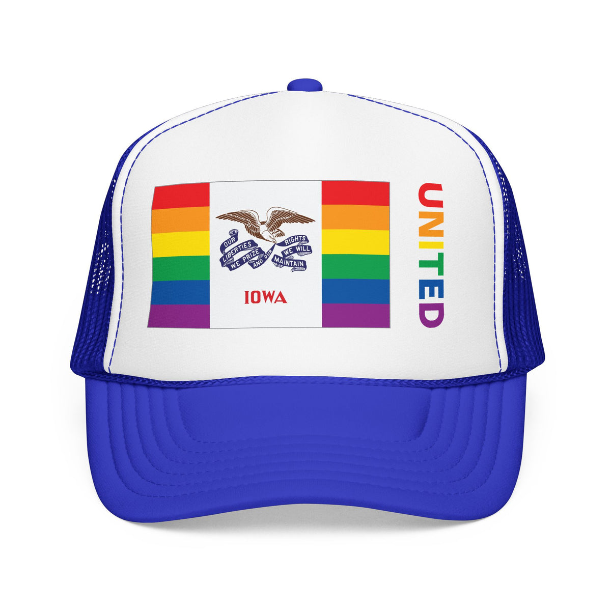 Iowa Rainbow Pride Flag "UNITED" Printed Foam Trucker Hat, Several Color Options