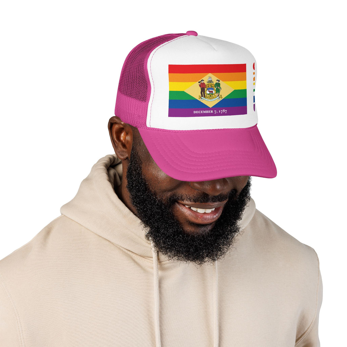 Delaware Rainbow Pride Flag "UNITED" Printed Foam Trucker Hat, Several Color Options