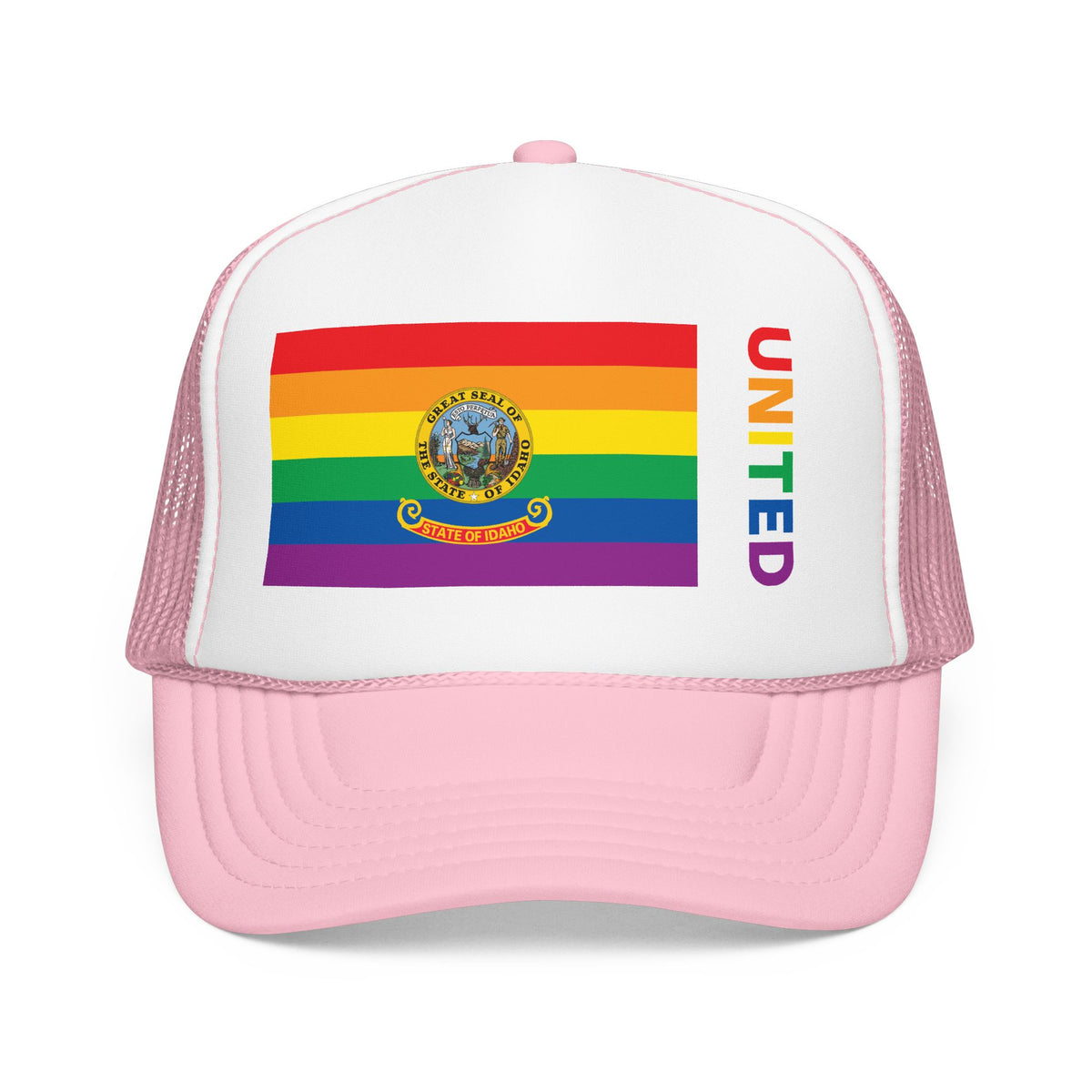 Idaho Rainbow Pride Flag "UNITED" Printed Foam Trucker Hat, Several Color Options