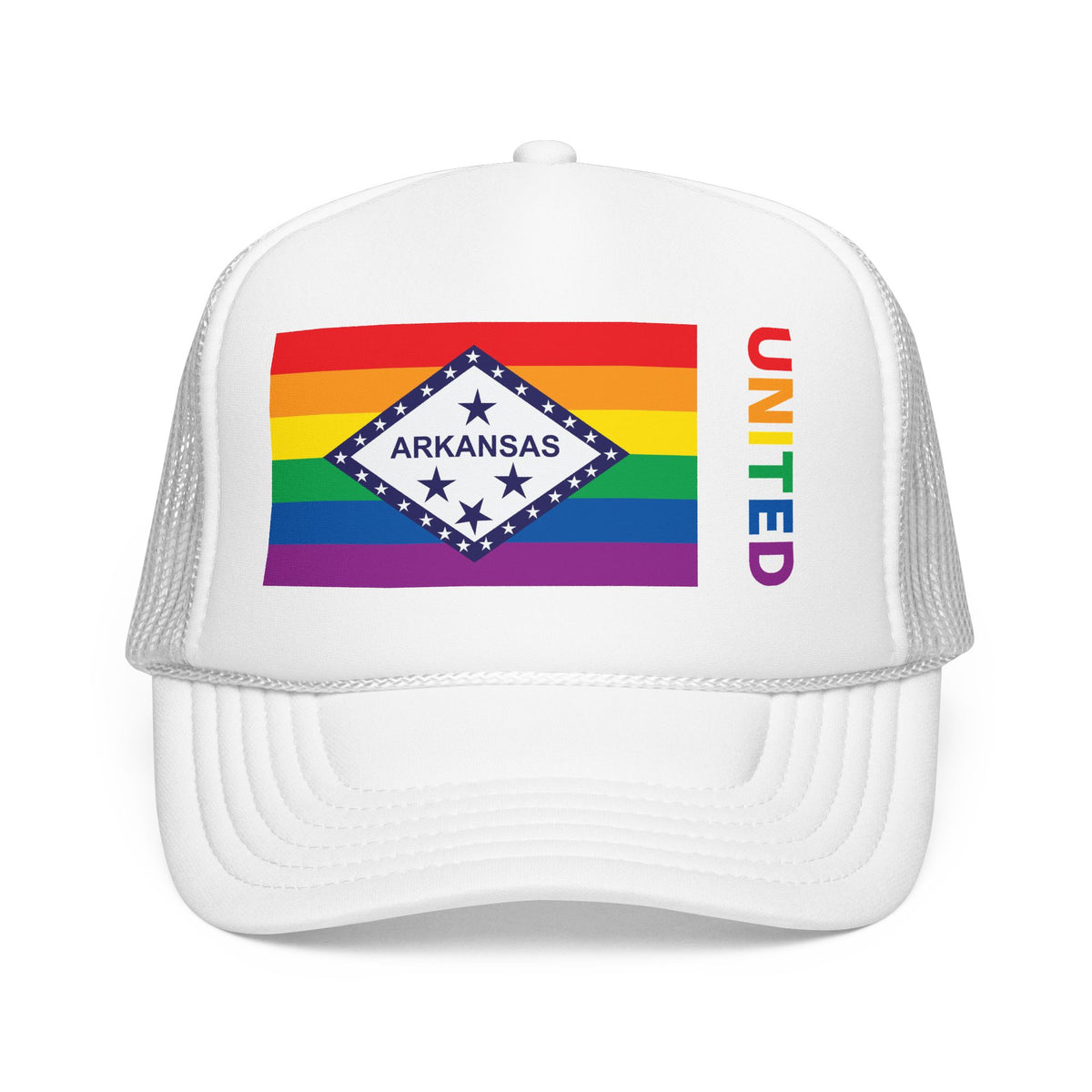 Arkansas Rainbow Pride Flag "UNITED" Printed Foam Trucker Hat, Several Color Options