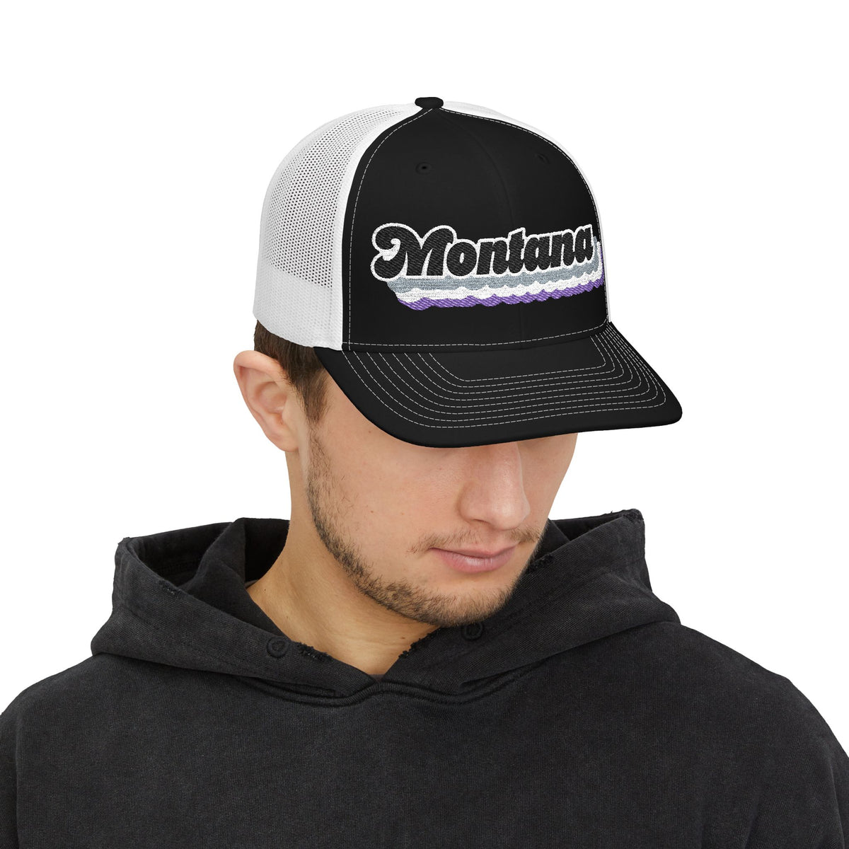 Montana Asexual Pride Stack Embroidered Trucker, Snapback Trucker Cap, Black front with White mesh in back