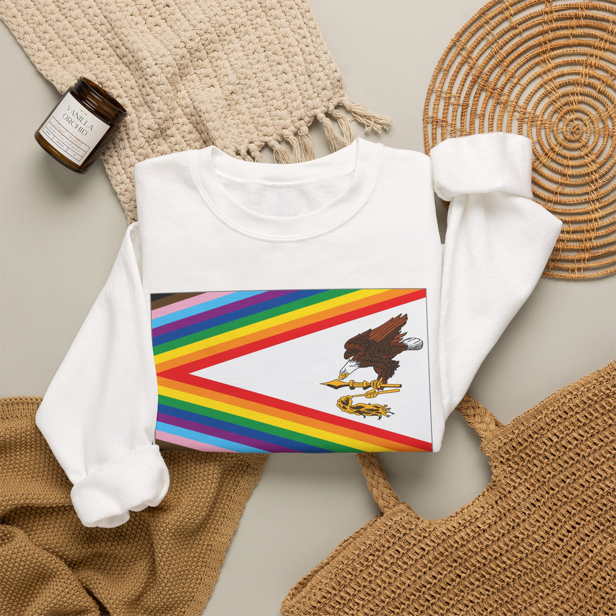 American Samoa Rainbow Pride Flag Unisex Crewneck Sweatshirt, White, Black or Light Pink