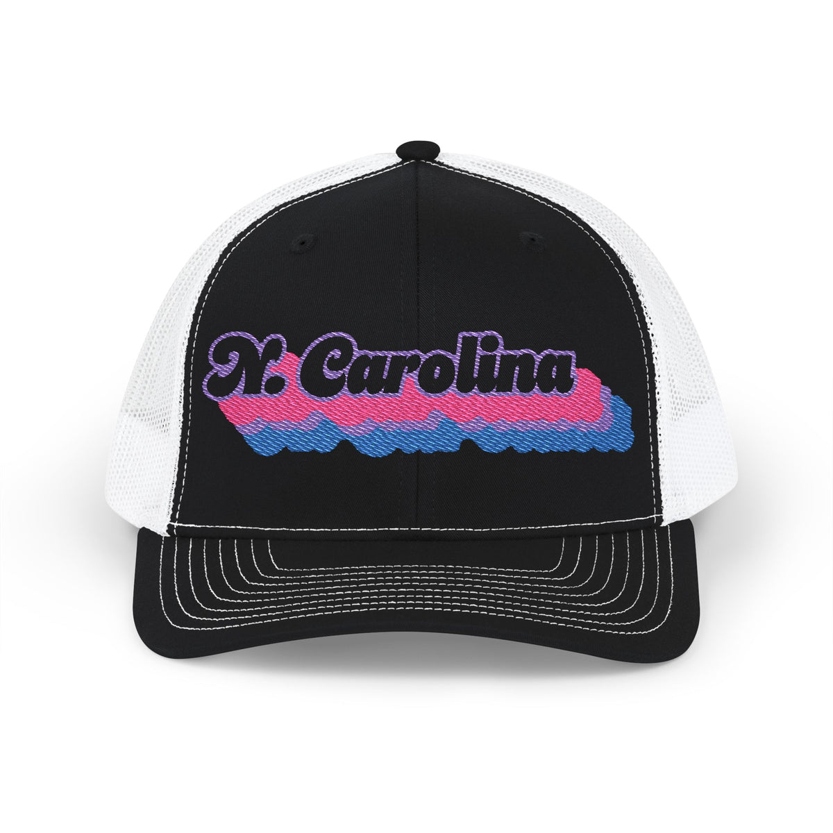 North Carolina Bisexual Pride Stack Embroidered Trucker, Snapback Trucker Cap, Black front with White mesh in back