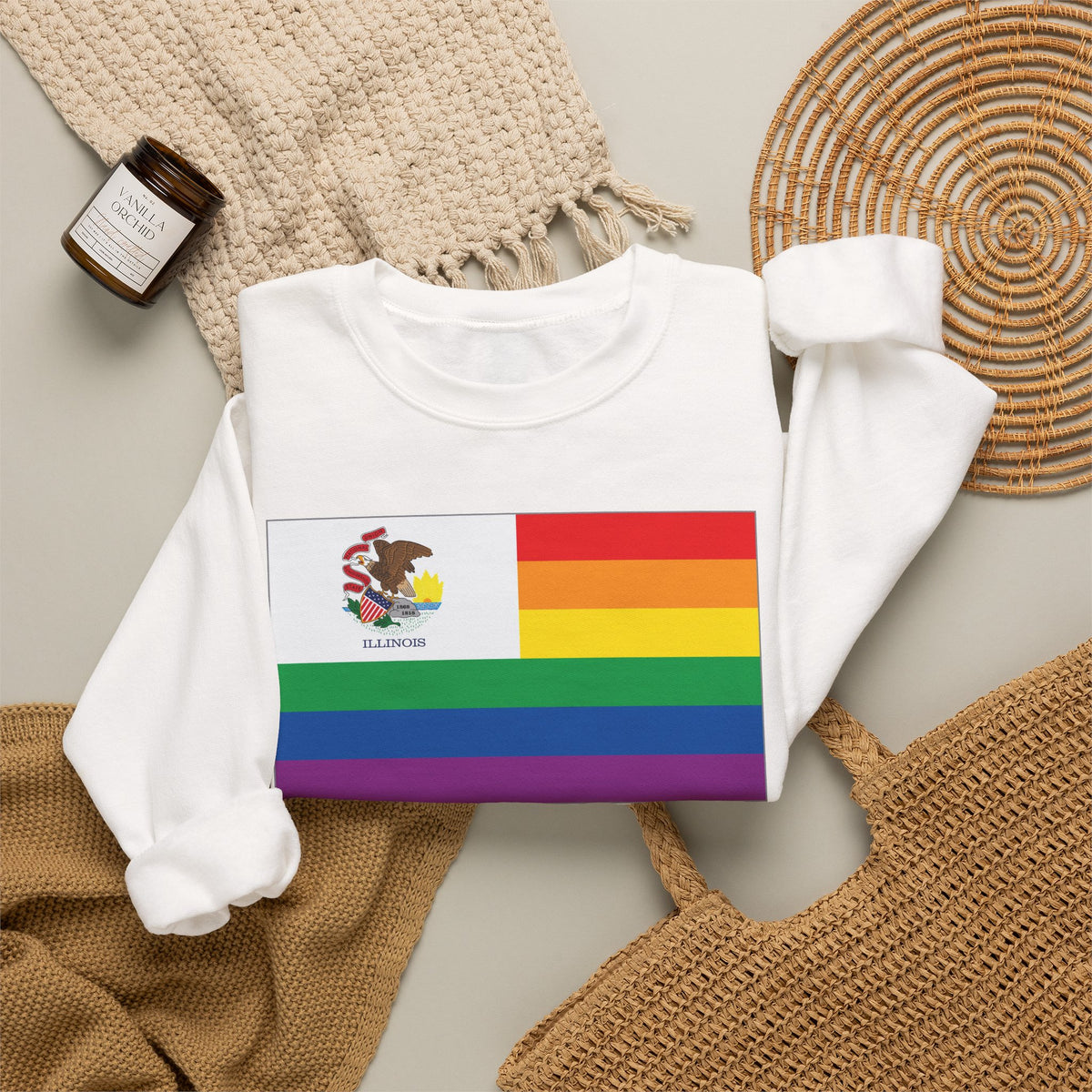 Illinois Rainbow Pride Flag Unisex Crewneck Sweatshirt, White, Black or Light Pink