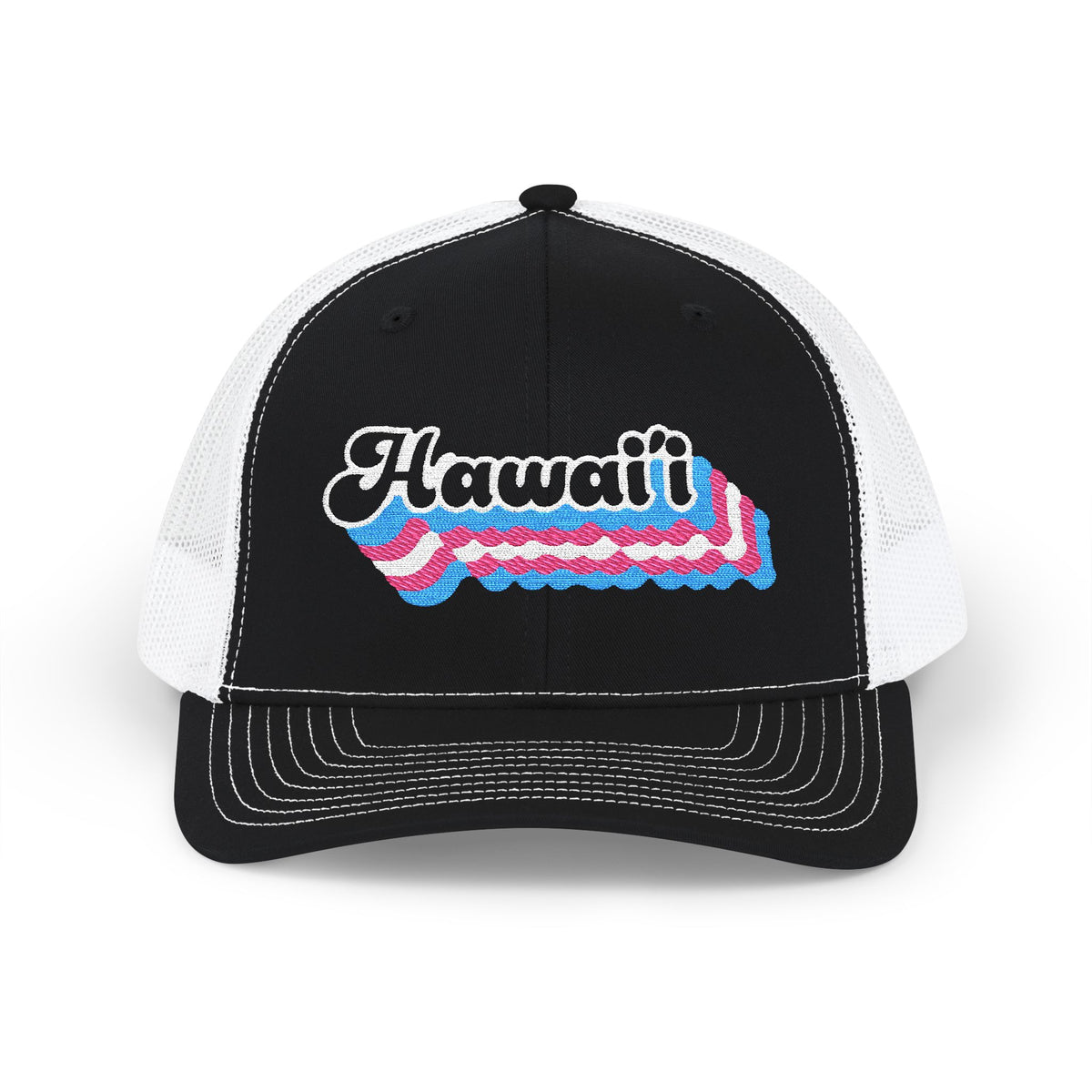 Hawai'i Transgender Pride Stack Embroidered Trucker, Snapback Trucker Cap, Black front with White mesh in back