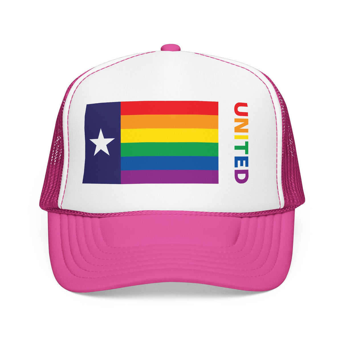 Texas Rainbow Pride Flag "UNITED" Printed Foam Trucker Hat, Several Color Options