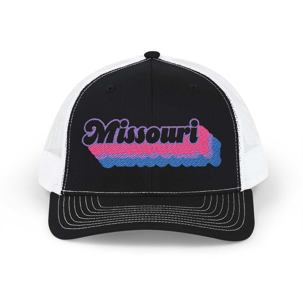 Missouri Bisexual Pride Stack Embroidered Trucker, Snapback Trucker Cap, Black front with White mesh in back