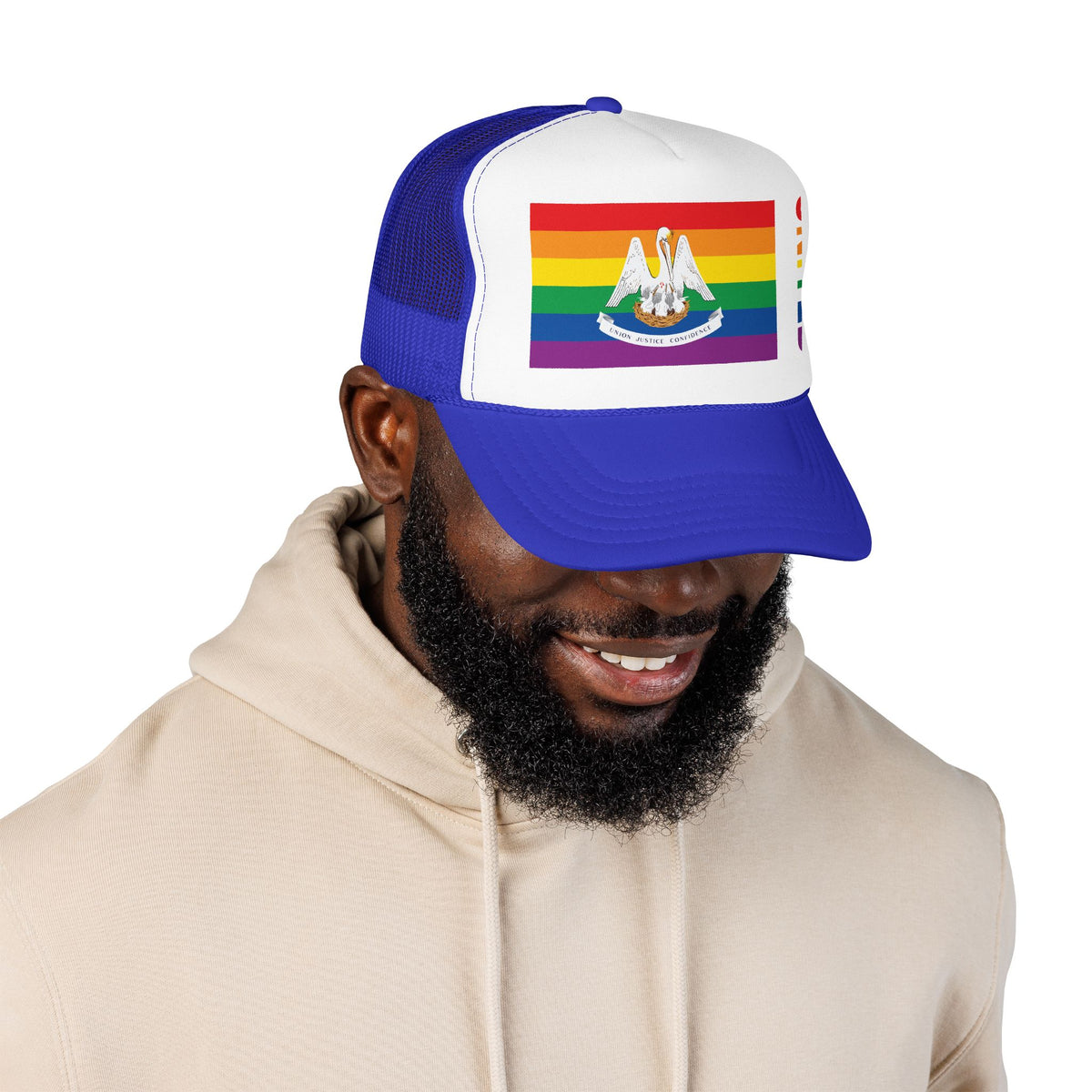 Louisiana Rainbow Pride Flag "UNITED" Printed Foam Trucker Hat, Several Color Options