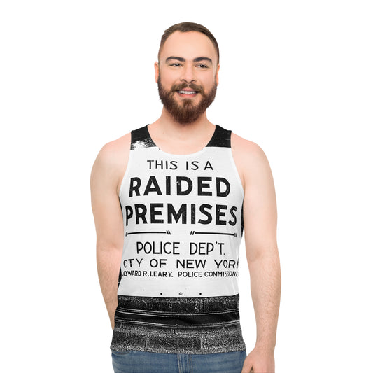 The Stonewall Inn Police Raid Sign Tank Top, Black with White Deco Pattern