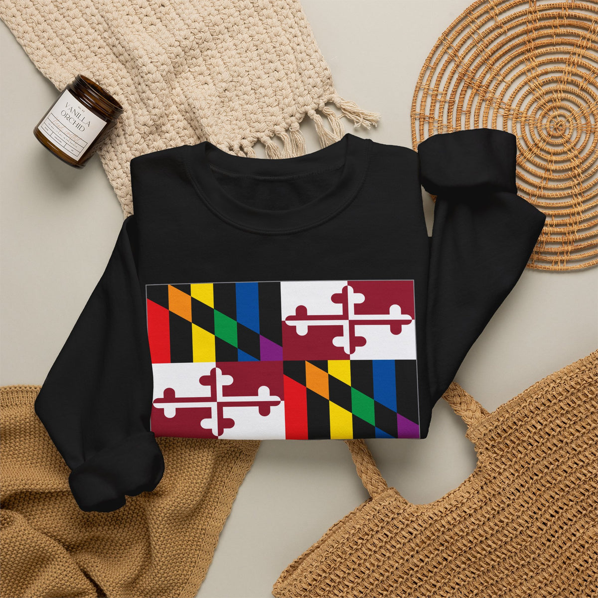 Maryland Rainbow Pride Flag Unisex Crewneck Sweatshirt, White, Black or Light Pink