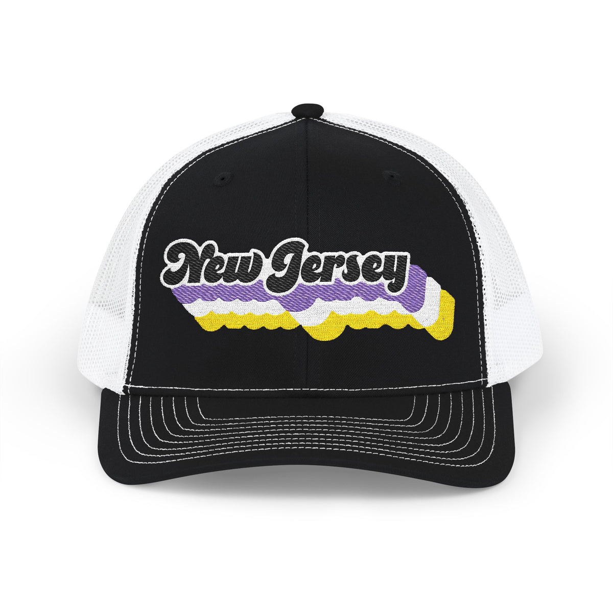 New Jersey Non-binary Pride Stack Embroidered Trucker, Snapback Trucker Cap, Black front with White mesh in back