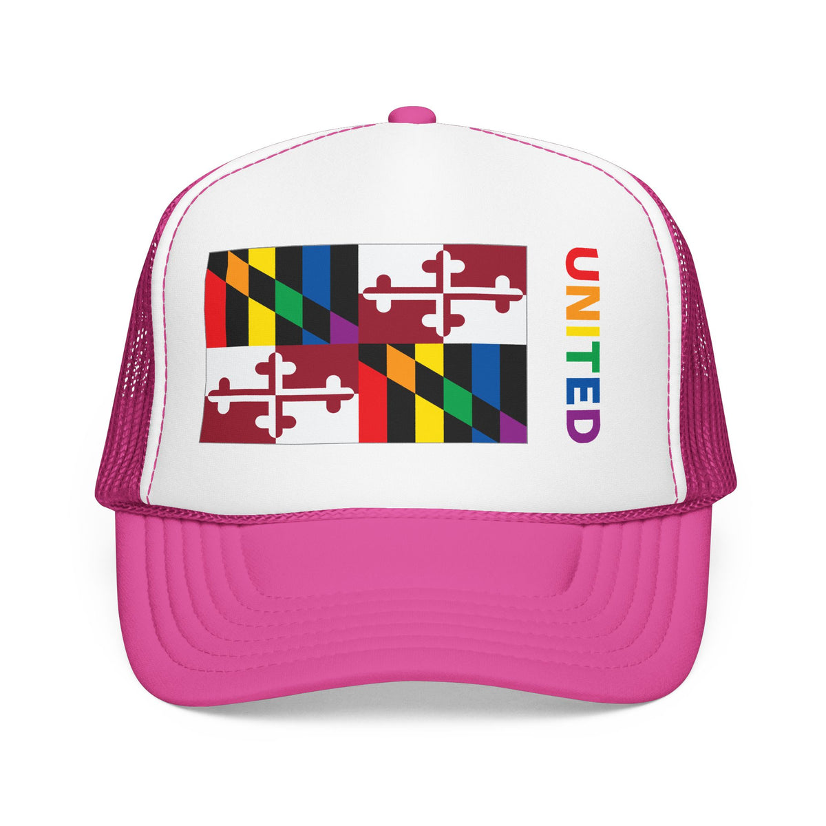 Maryland Rainbow Pride Flag "UNITED" Printed Foam Trucker Hat, Several Color Options