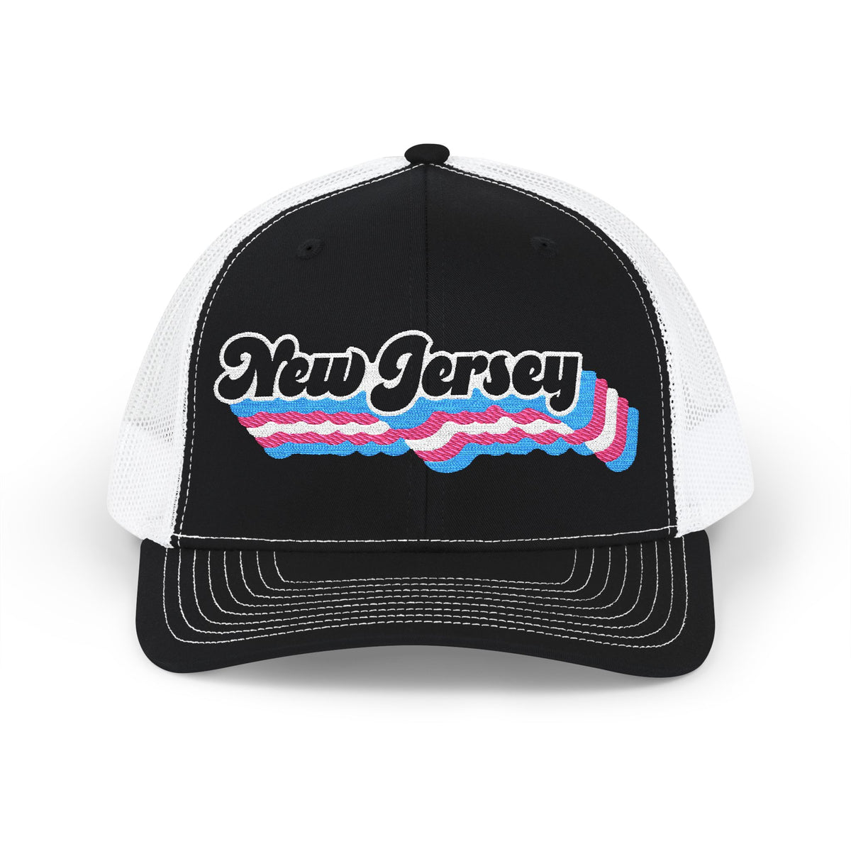 New Jersey Transgender Pride Stack Embroidered Trucker, Snapback Trucker Cap, Black front with White mesh in back