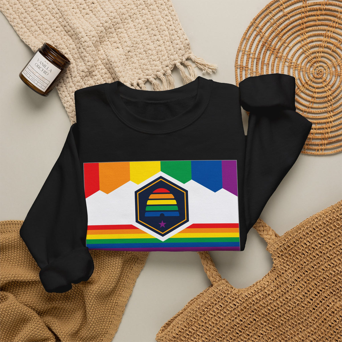 Utah Rainbow Pride Flag Unisex Crewneck Sweatshirt, White, Black or Light Pink