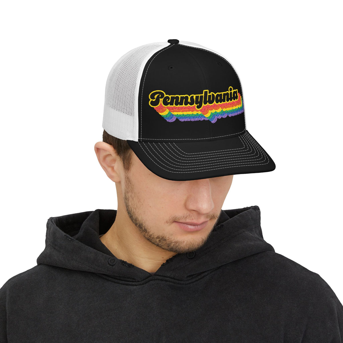 Pennsylvania Retro Rainbow Stack Embroidered Trucker, Snapback Trucker Cap, Black front with White mesh in back