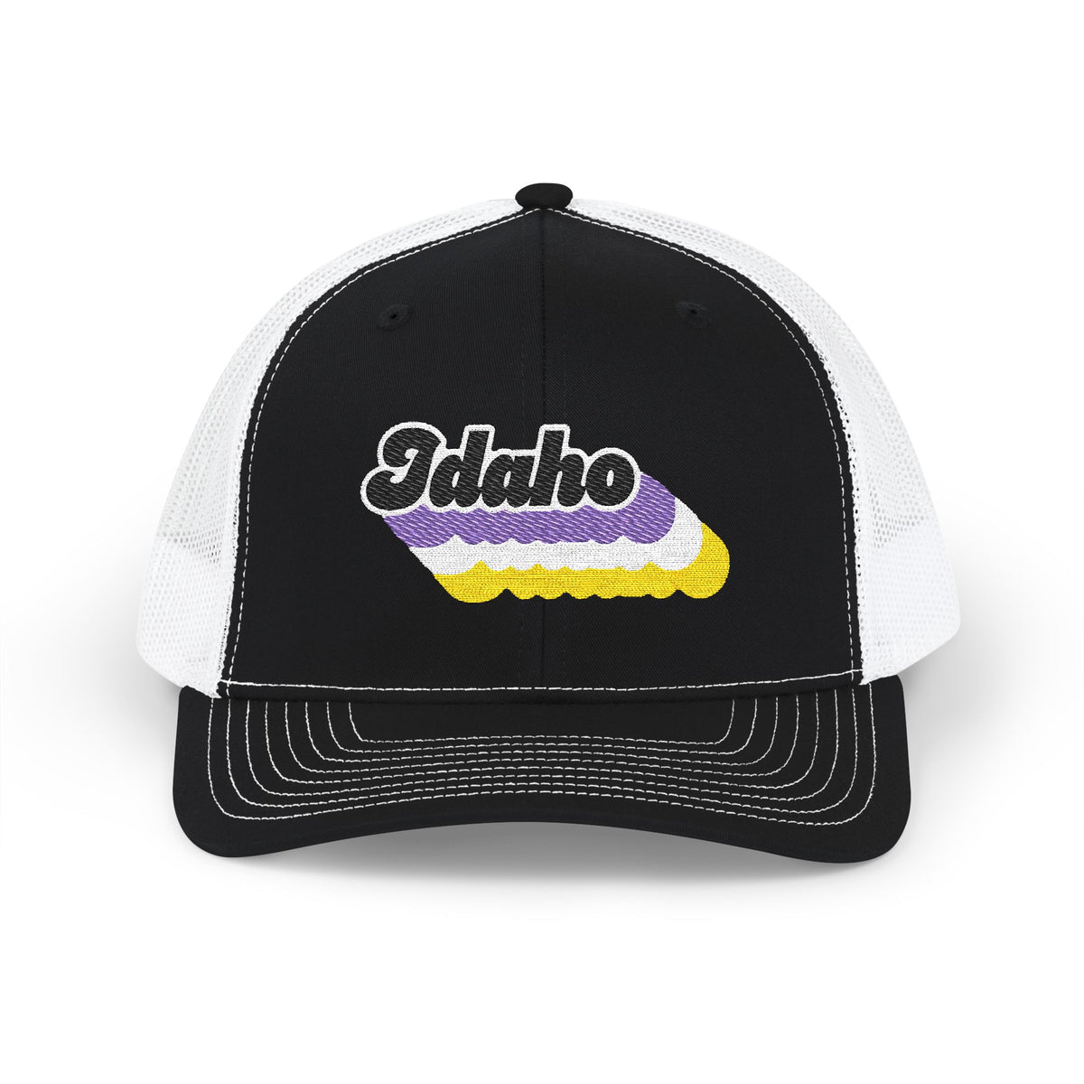 Idaho Non-binary Pride Stack Embroidered Trucker, Snapback Trucker Cap, Black front with White mesh in back