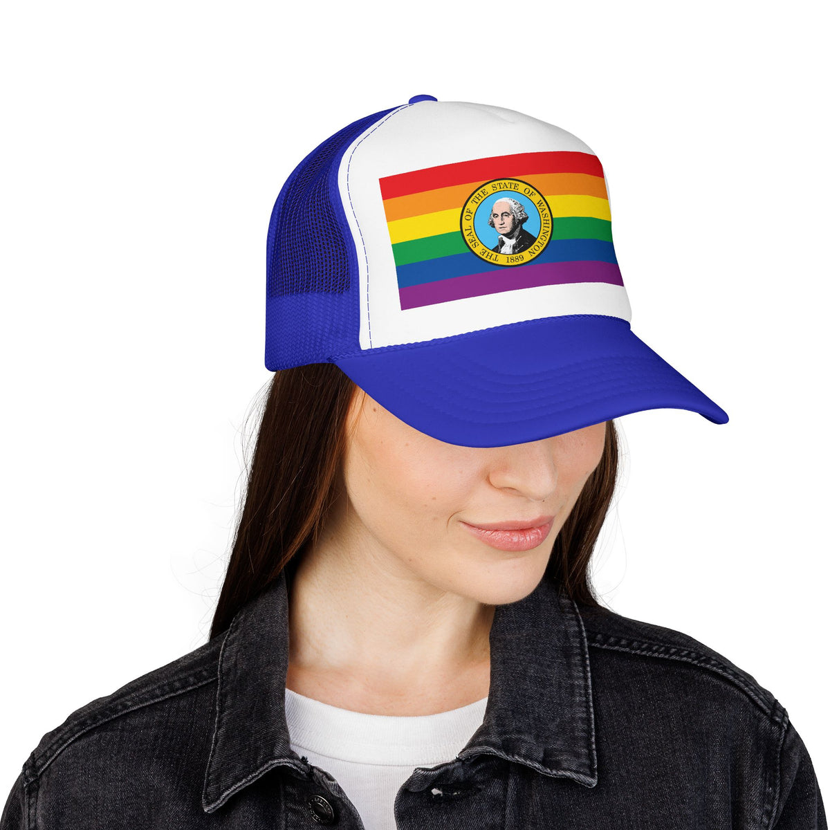 Washington Rainbow Pride Flag "UNITED" Printed Foam Trucker Hat, Several Color Options
