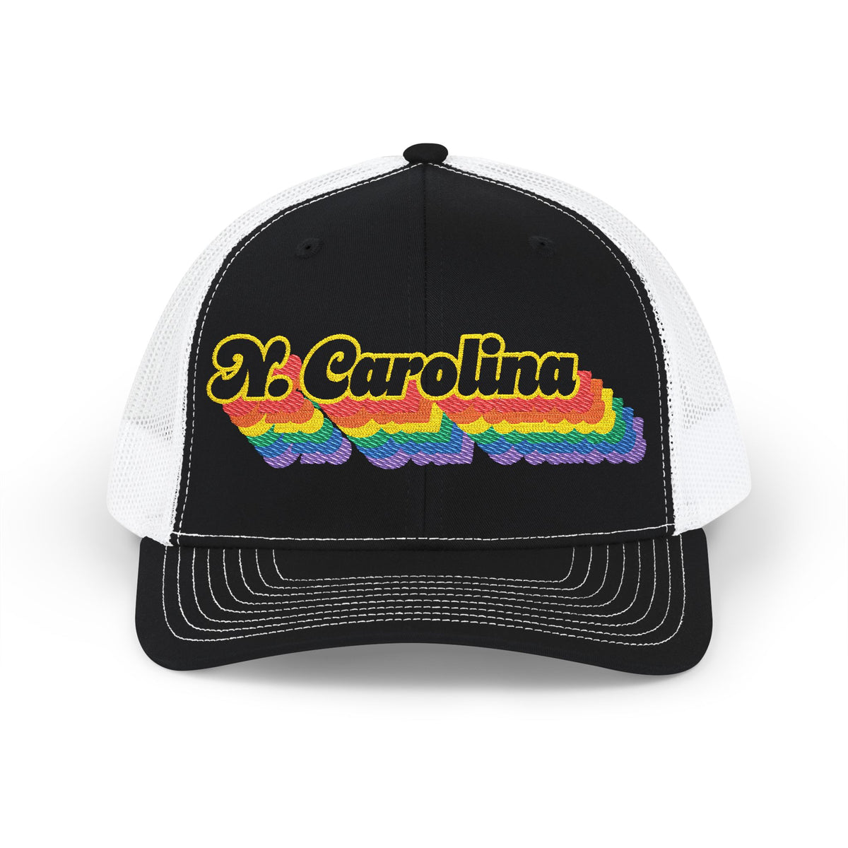 North Carolina Retro Rainbow Stack Embroidered Trucker, Snapback Trucker Cap, Black front with White mesh in back