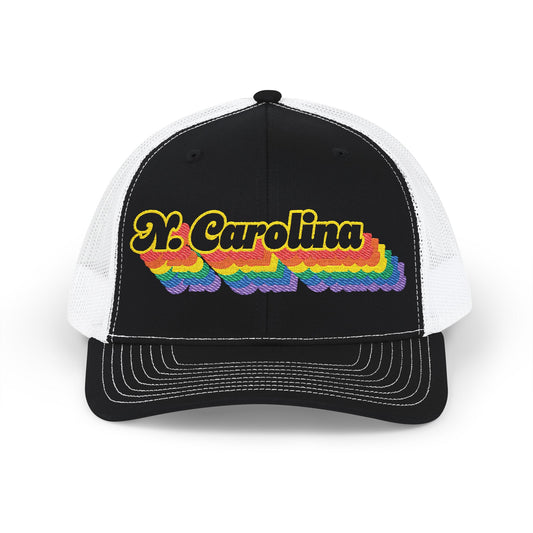 North Carolina Retro Rainbow Stack Embroidered Trucker, Snapback Trucker Cap, Black front with White mesh in back