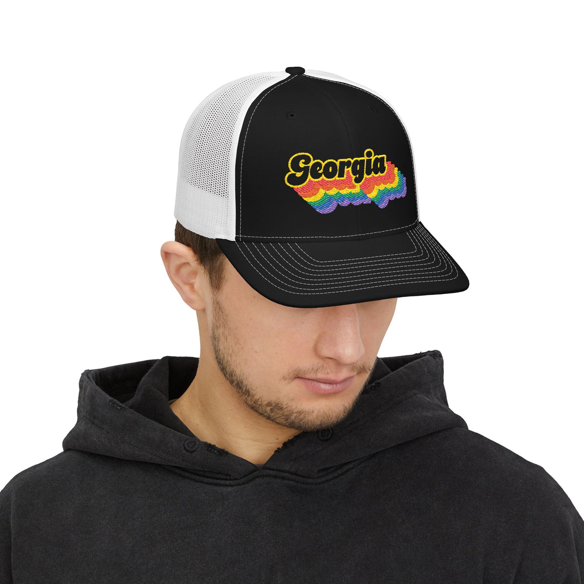 Georgia Retro Rainbow Stack Embroidered Trucker, Snapback Trucker Cap, Black front with White mesh in back