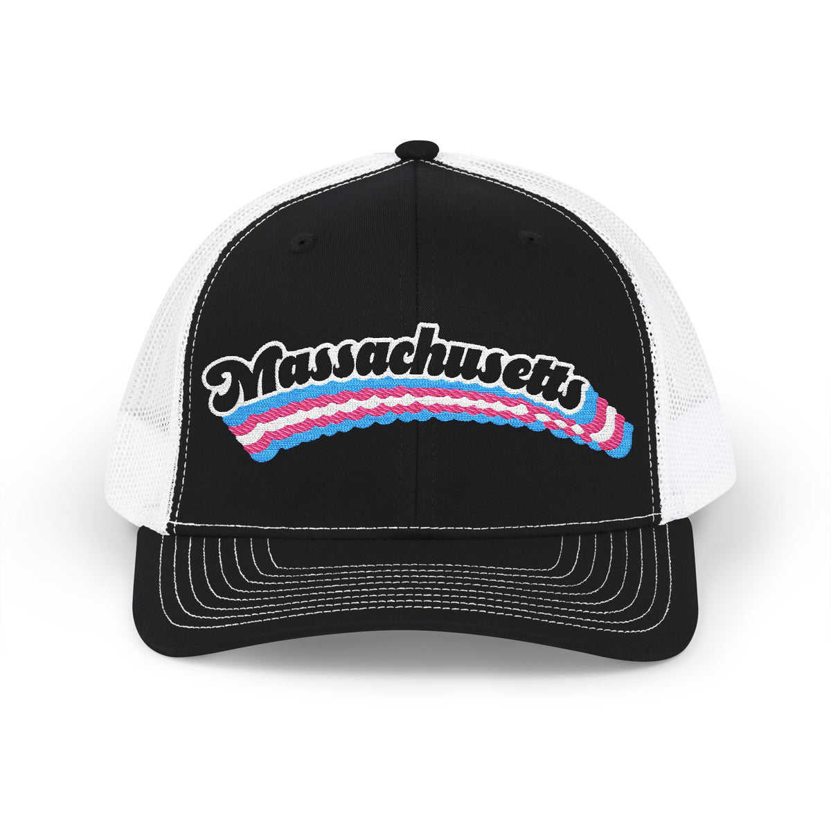 Massachusetts Transgender Pride Stack Embroidered Trucker, Snapback Trucker Cap, Black front with White mesh in back