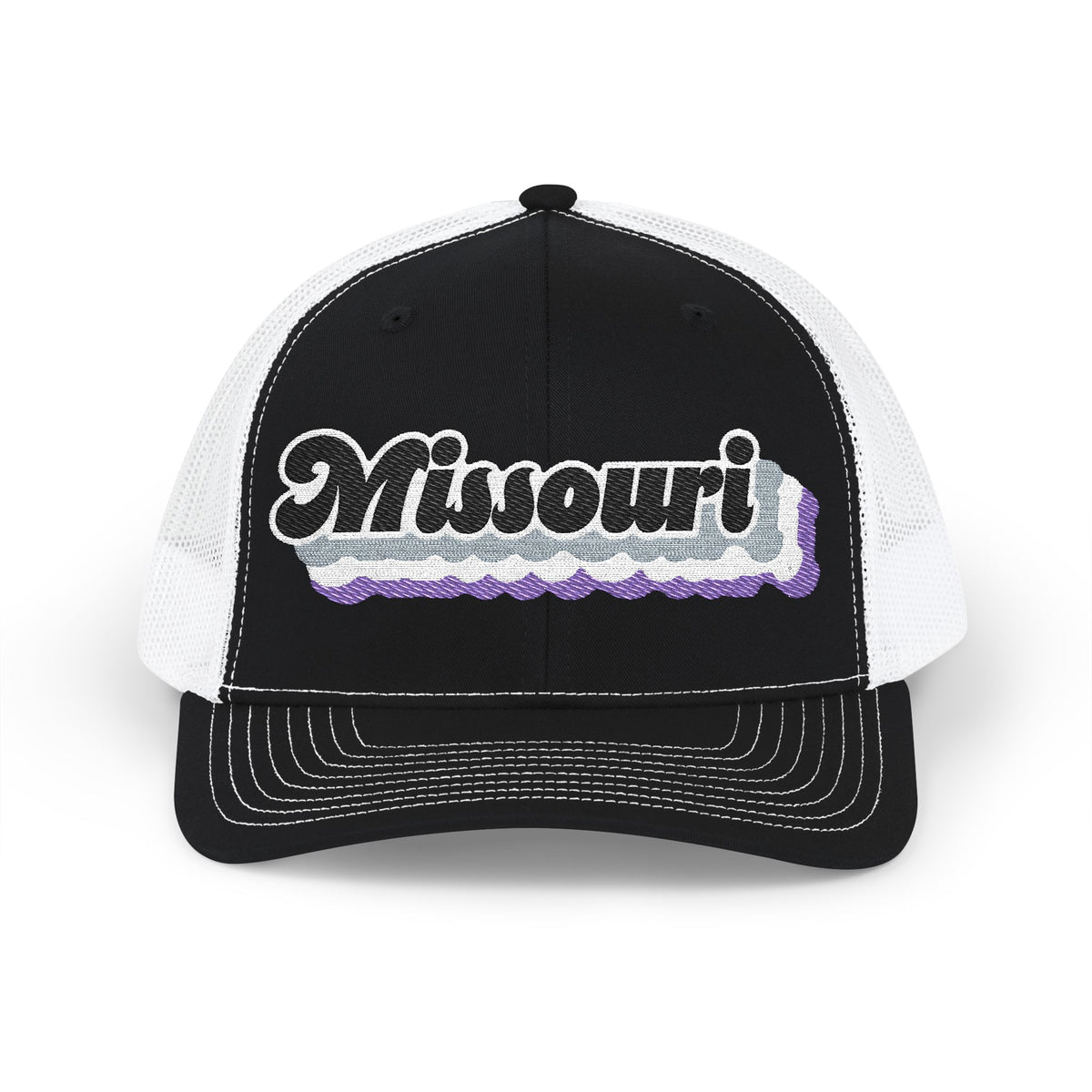 Missouri Asexual Pride Stack Embroidered Trucker, Snapback Trucker Cap, Black front with White mesh in back