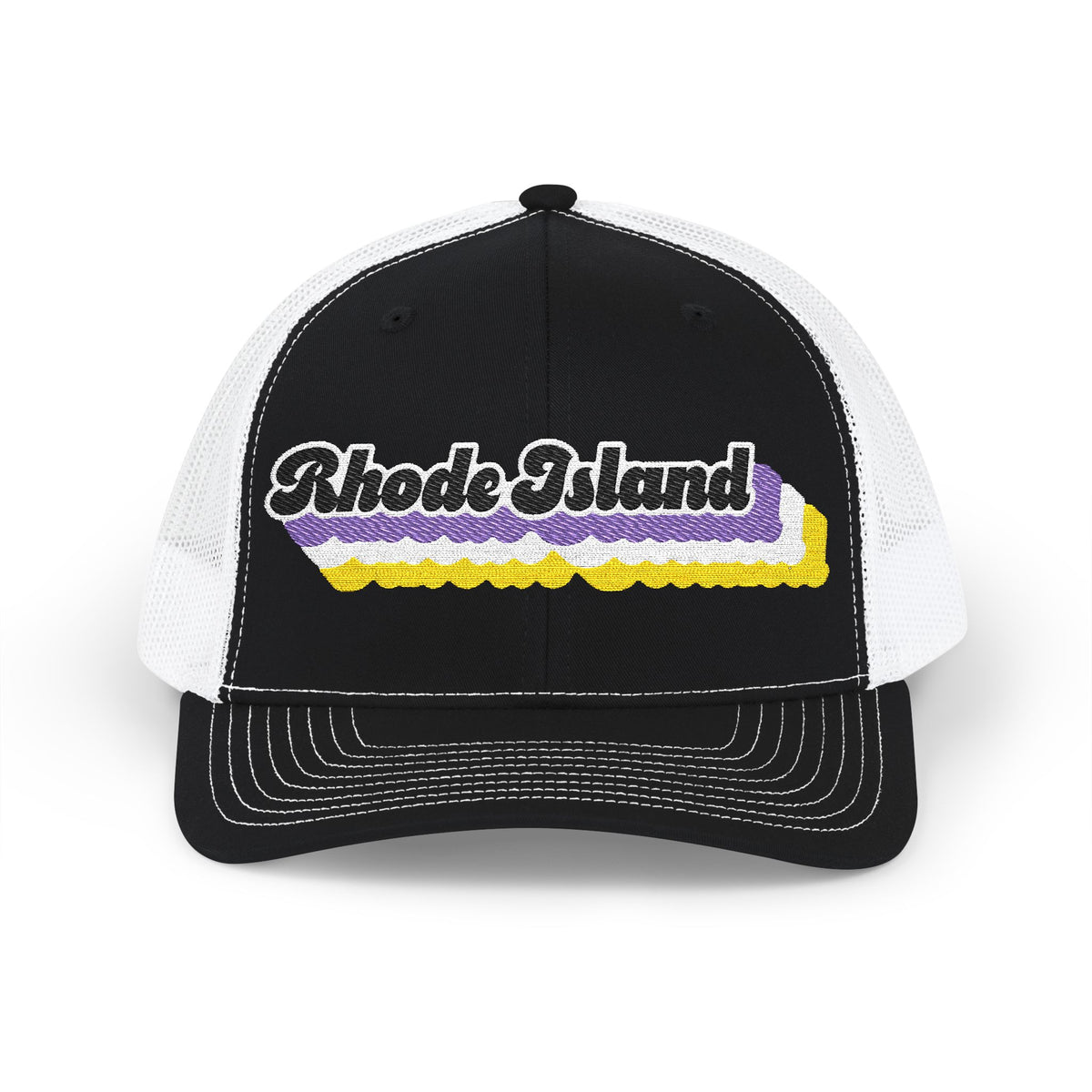 Rhode Island Non-binary Pride Stack Embroidered Trucker, Snapback Trucker Cap, Black front with White mesh in back