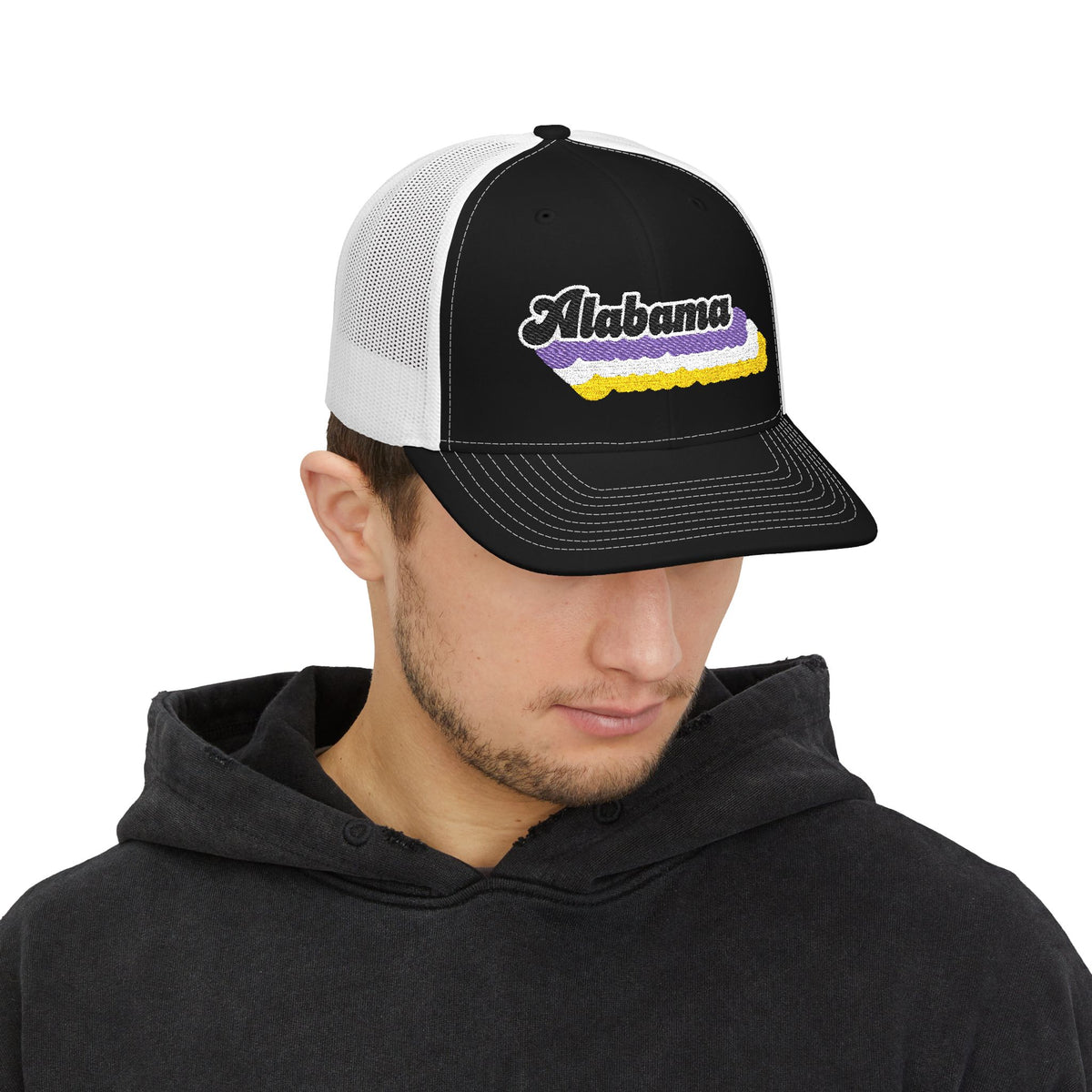 Alabama Non-binary Pride Stack Embroidered Trucker, Snapback Trucker Cap, Black front with White mesh in back