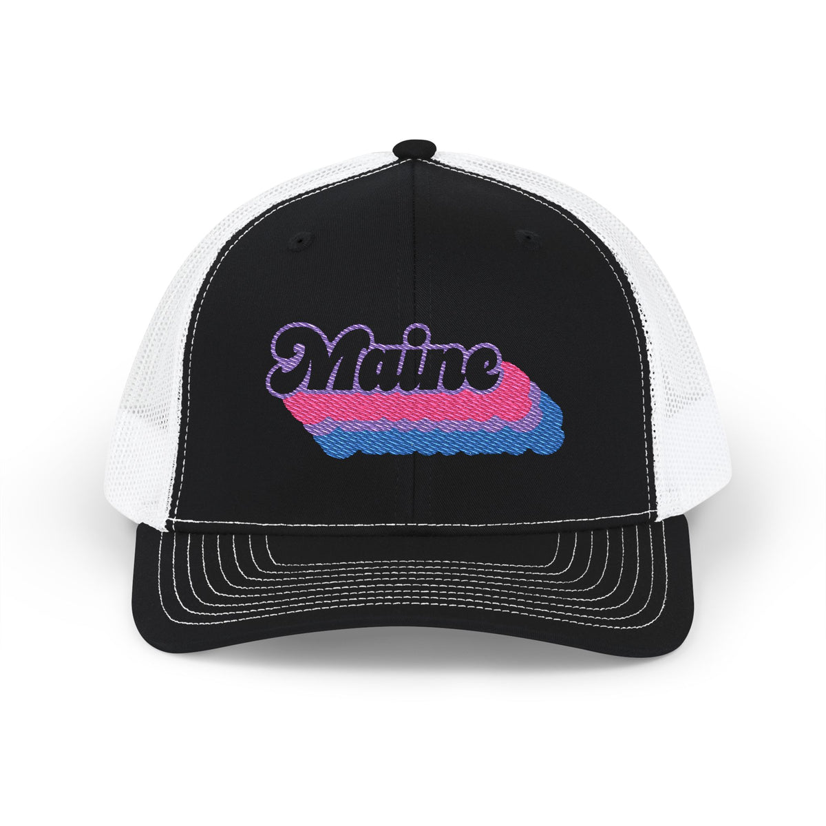 Maine Bisexual Pride Stack Embroidered Trucker, Snapback Trucker Cap, Black front with White mesh in back
