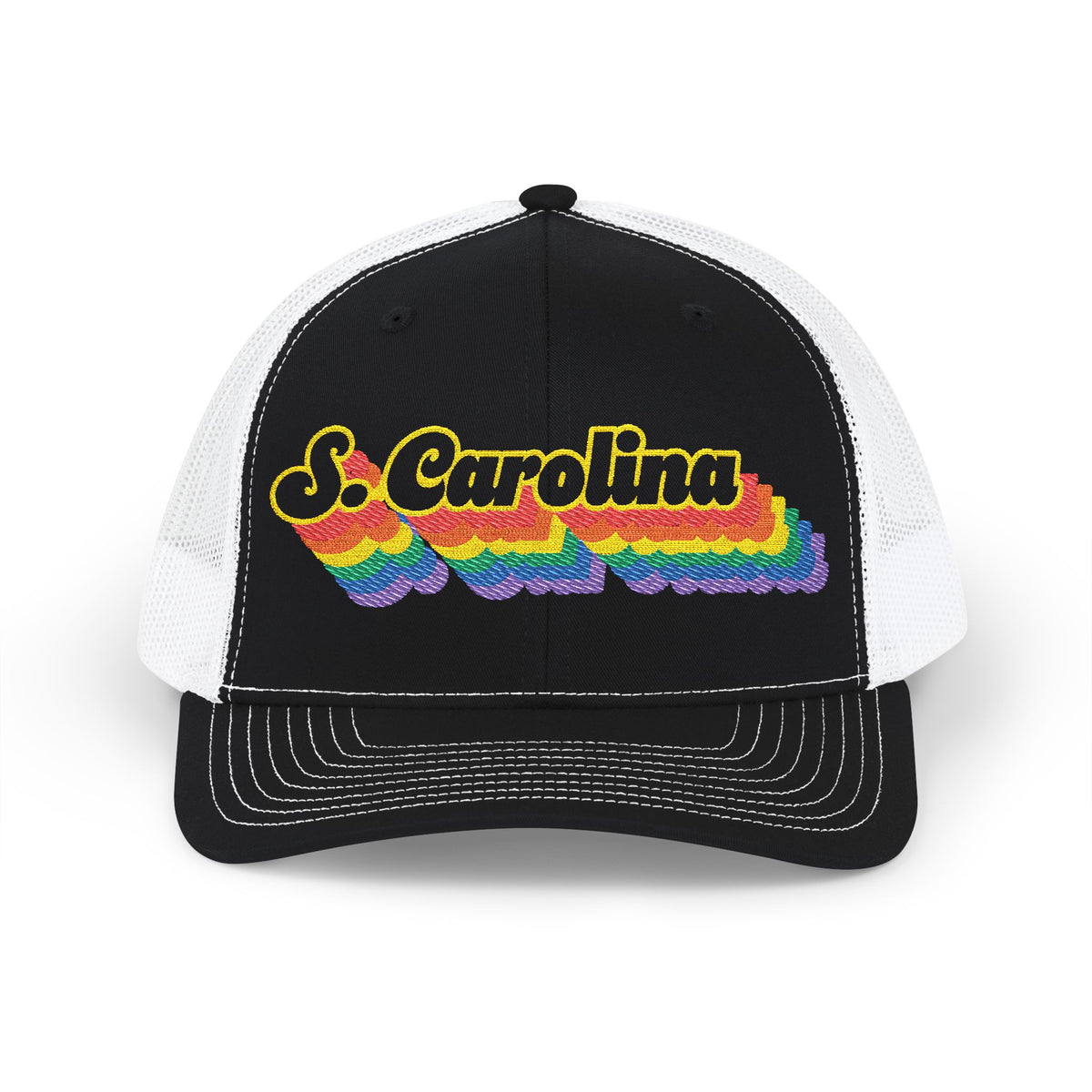 South Carolina Retro Rainbow Stack Embroidered Trucker, Snapback Trucker Cap, Black front with White mesh in back