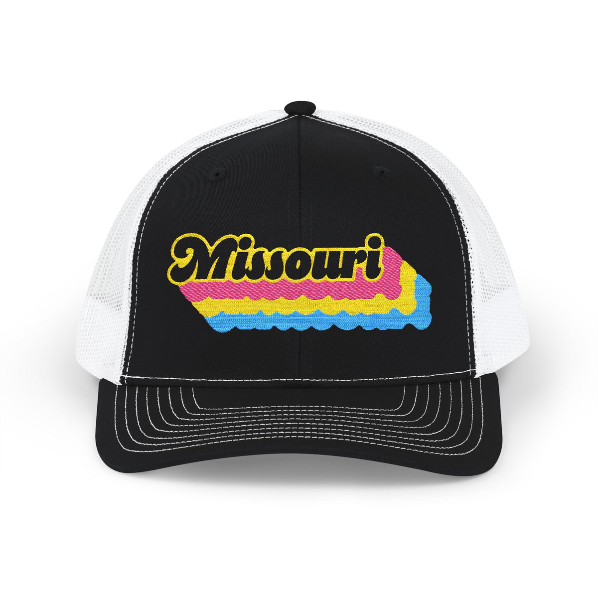 Missouri Pansexual Pride Stack Embroidered Trucker, Snapback Trucker Cap, Black front with White mesh in back