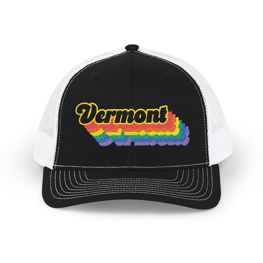 Vermont Retro Rainbow Stack Embroidered Trucker, Snapback Trucker Cap, Black front with White mesh in back