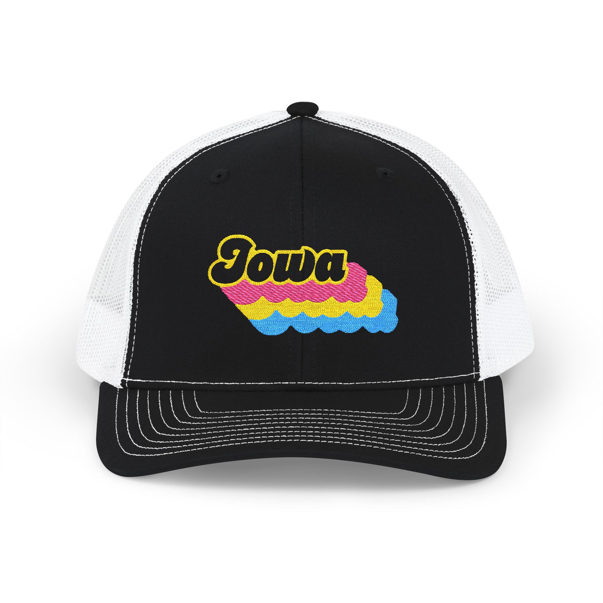 Iowa Pansexual Pride Stack Embroidered Trucker, Snapback Trucker Cap, Black front with White mesh in back