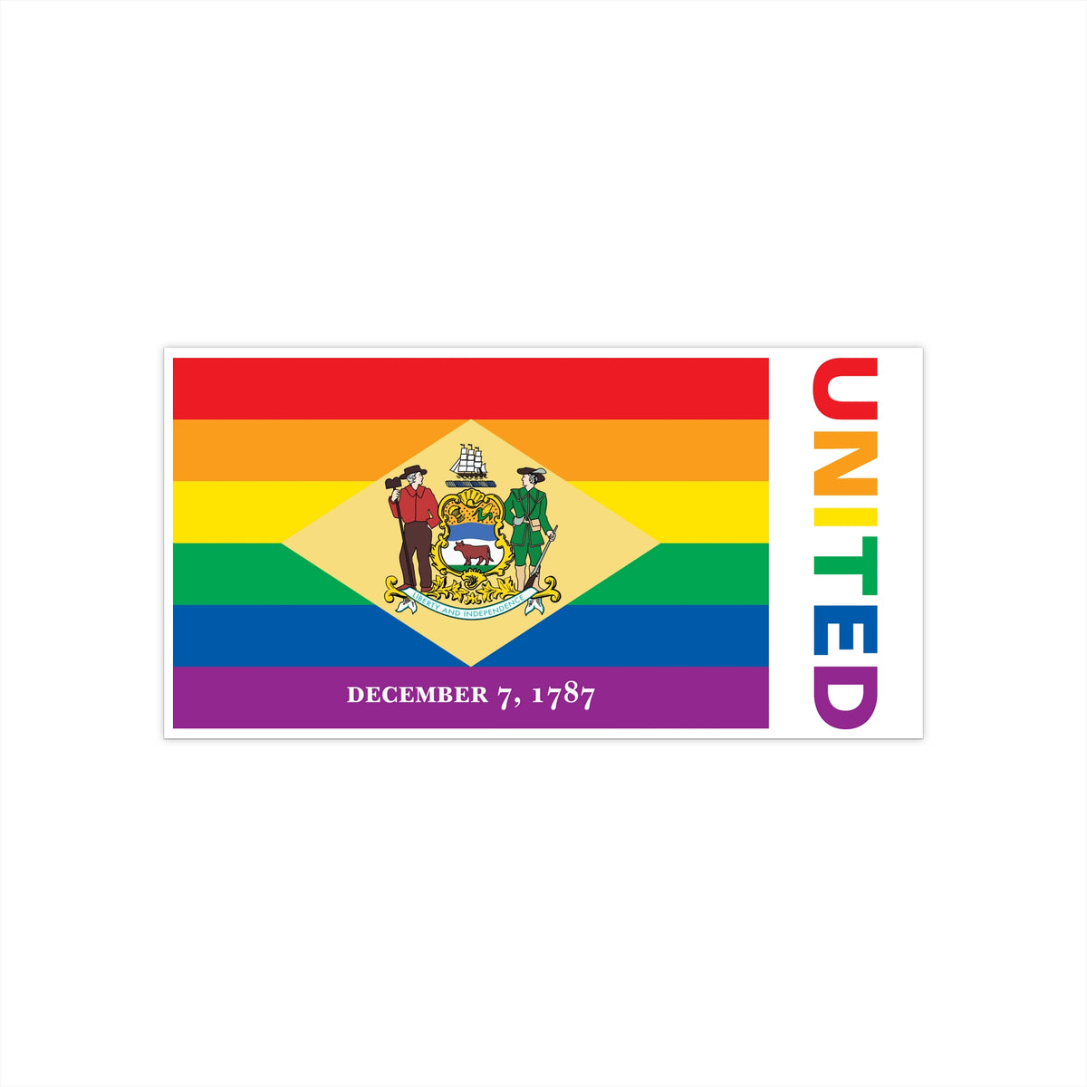 Delaware Rainbow Pride Flag "UNITED" Bumper Sticker