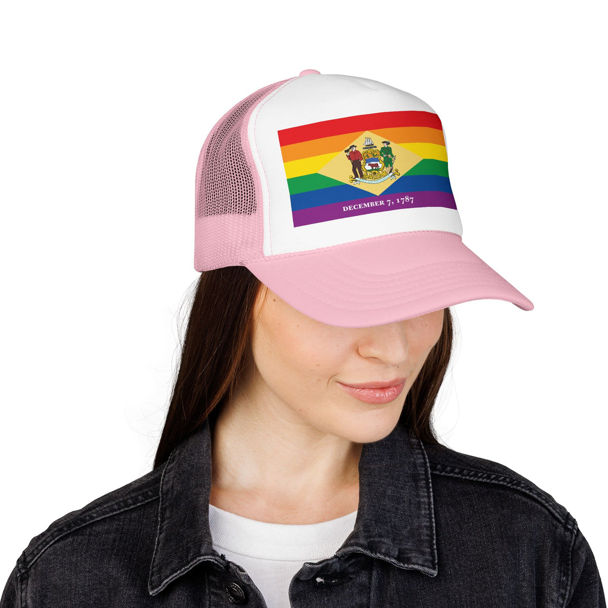 Delaware Rainbow Pride Flag "UNITED" Printed Foam Trucker Hat, Several Color Options
